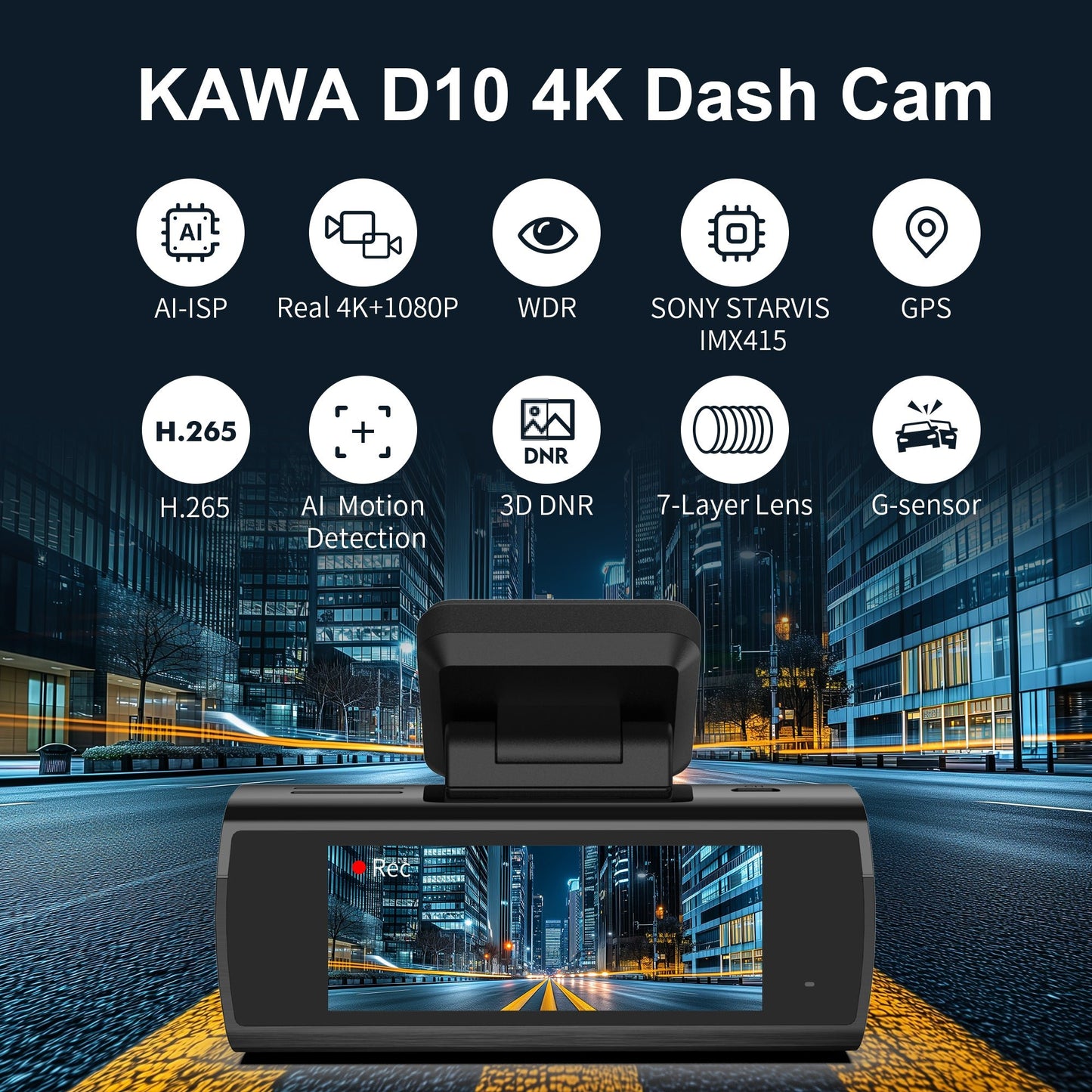 KAWA D10 4K Dual Dash Cam | Sony Starvis IMX 415 | AI-ISP | With Free 64GB Card