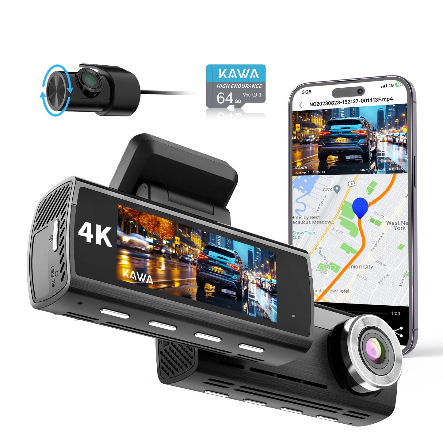 KAWA D8 | True 4K Dual Dash Cam | Front & Rear 2160P+1080P | Free 64GB Card | Sony Starvis IMX415 | GPS